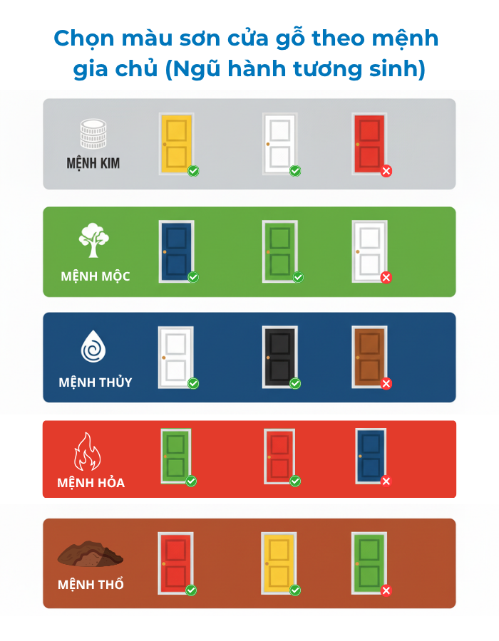 Cọn màu sơn cửa gỗ hợp mệnh gia chủ